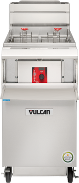 A high efficiency gas fryer with a stainless steel exterior, two metal frying baskets, digital control panel, and fold-down front shelf. The Vulcan QuickFry Fryer offers a 75 lbs. capacity and stands on four wheels for easy mobility.