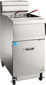 A commercial stainless steel QuickFry Fryer with two fryer baskets, each with a red handle, stands on wheels. The high efficiency gas fryer features a Vulcan brand label and an ENERGY STAR certification sticker below the handle.