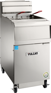 A commercial stainless steel QuickFry Fryer with two fryer baskets, each with a red handle, stands on wheels. The high efficiency gas fryer features a Vulcan brand label and an ENERGY STAR certification sticker below the handle.
