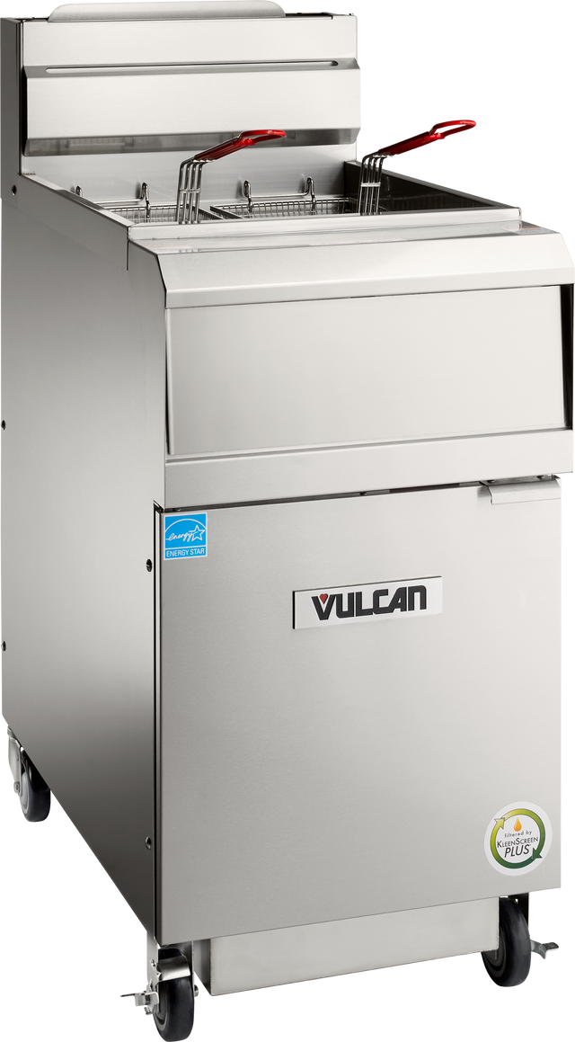 A commercial stainless steel QuickFry Fryer with two fryer baskets, each with a red handle, stands on wheels. The high efficiency gas fryer features a Vulcan brand label and an ENERGY STAR certification sticker below the handle.