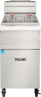 A commercial stainless steel Vulcan QuickFry fryer with two fry baskets, each with a red handle, sits on four wheels. The Vulcan logo is on the front, and a blue certification sticker is on the upper left corner. The fryer is clean and unused.