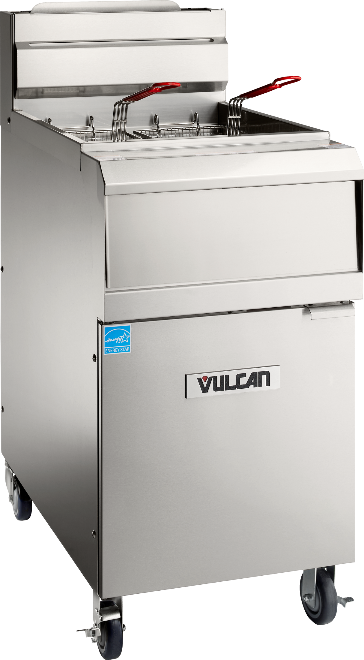 A stainless steel QuickFry fryer with 75 lbs capacity features two baskets with red handles, mounted on wheels. The front displays a “VULCAN” brand label, and it boasts a high backsplash plus a lower cabinet door for storage or maintenance.