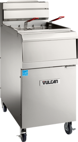 A stainless steel QuickFry fryer with 75 lbs capacity features two baskets with red handles, mounted on wheels. The front displays a “VULCAN” brand label, and it boasts a high backsplash plus a lower cabinet door for storage or maintenance.