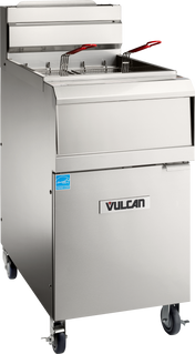 A stainless steel QuickFry fryer with 75 lbs capacity features two baskets with red handles, mounted on wheels. The front displays a “VULCAN” brand label, and it boasts a high backsplash plus a lower cabinet door for storage or maintenance.