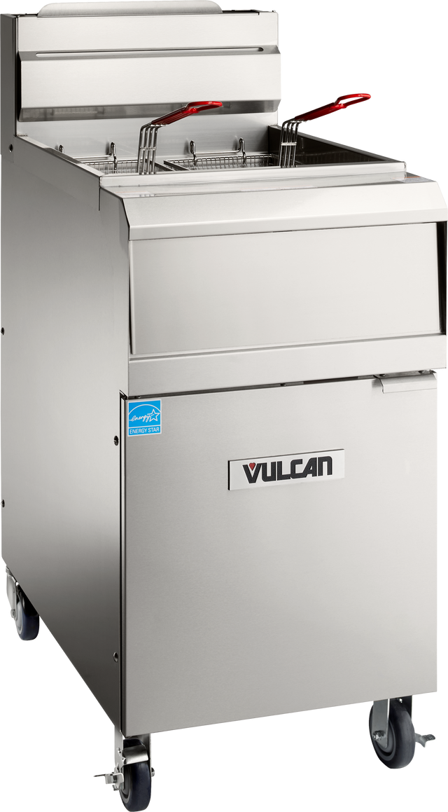 A stainless steel QuickFry fryer with 75 lbs capacity features two baskets with red handles, mounted on wheels. The front displays a “VULCAN” brand label, and it boasts a high backsplash plus a lower cabinet door for storage or maintenance.