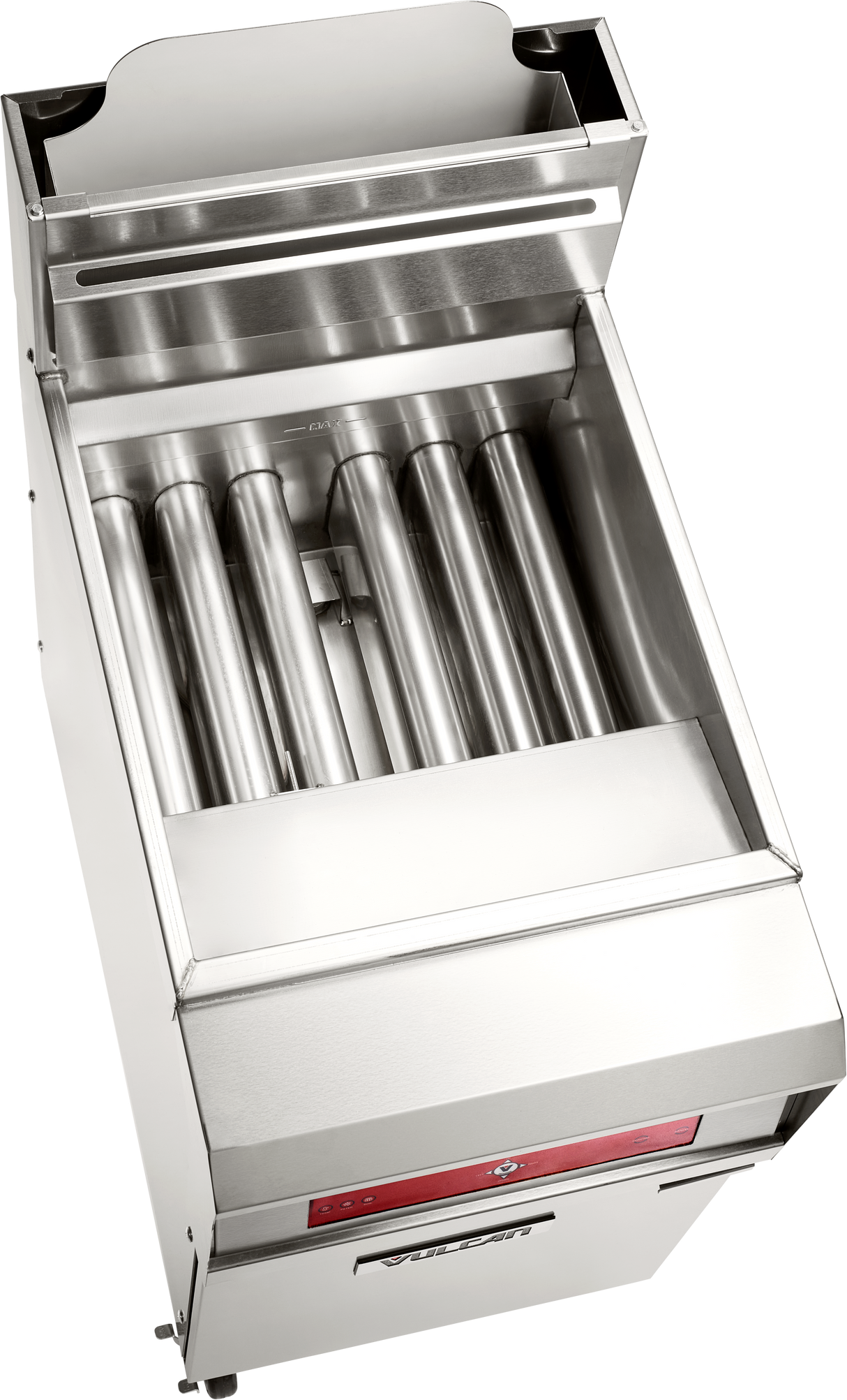 A stainless steel commercial hot dog roller grill with five heated rollers and a front control panel, shown from an angled top-down view. The polished machine complements any kitchen with other equipment like a high efficiency gas fryer.