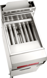 A stainless steel commercial hot dog roller grill with five heated rollers and a front control panel, shown from an angled top-down view. The polished machine complements any kitchen with other equipment like a high efficiency gas fryer.
