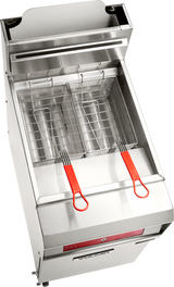 A high efficiency gas fryer made of stainless steel with two wire baskets featuring red handles. This commercial fryer boasts a smooth surface, splash guard, and front control panels. The baskets sit side by side above spacious oil wells.
