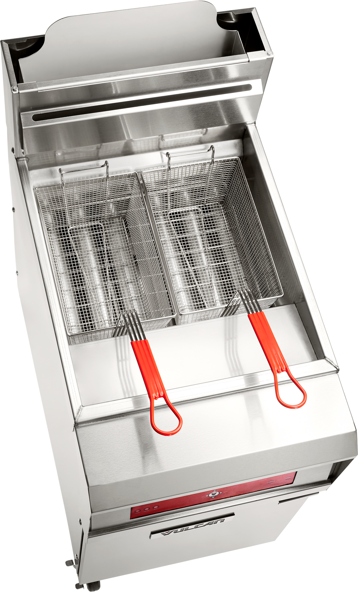 A QuickFry Fryer stainless steel commercial gas fryer with two metal baskets, each sporting red plastic handles, sits angled forward. It features a rectangular shape, raised back splash guard, and a front control panel with a red accent.