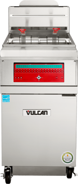 A high efficiency Vulcan commercial gas fryer with a digital control panel, red accents, two fryer baskets with red handles, and wheels. The QuickFry Fryer features labels and certification stickers on its front.