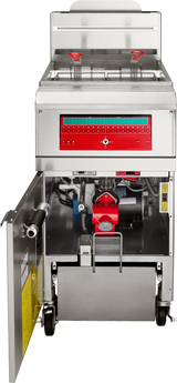 A high efficiency fryer with a stainless steel exterior, digital control panel, two fryer baskets on top, and a lower cabinet open to reveal internal components, including pipes, a red valve, and a storage bin on wheels.