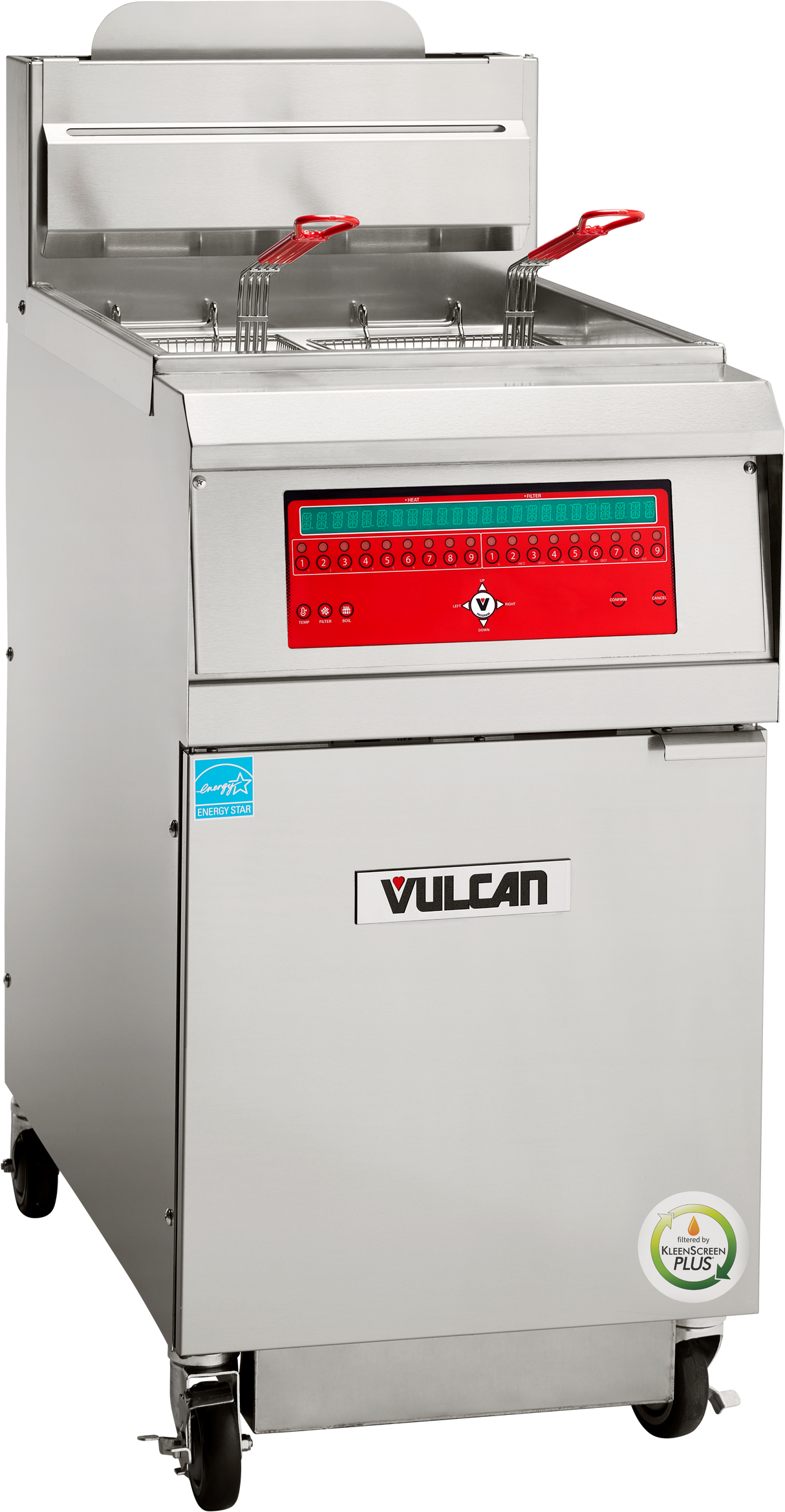 A Vulcan QuickFry Fryer, this commercial gas fryer features two baskets, a red-accented control panel, energy-saving certification stickers, and wheels for easy mobility—a high efficiency fryer ideal for any busy kitchen.