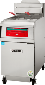 A commercial gas fryer with two basket handles, red digital control panel, Vulcan brand logo, energy efficiency sticker, and caster wheels for mobility. This high efficiency fryer has a modern, industrial appearance perfect for busy kitchens.