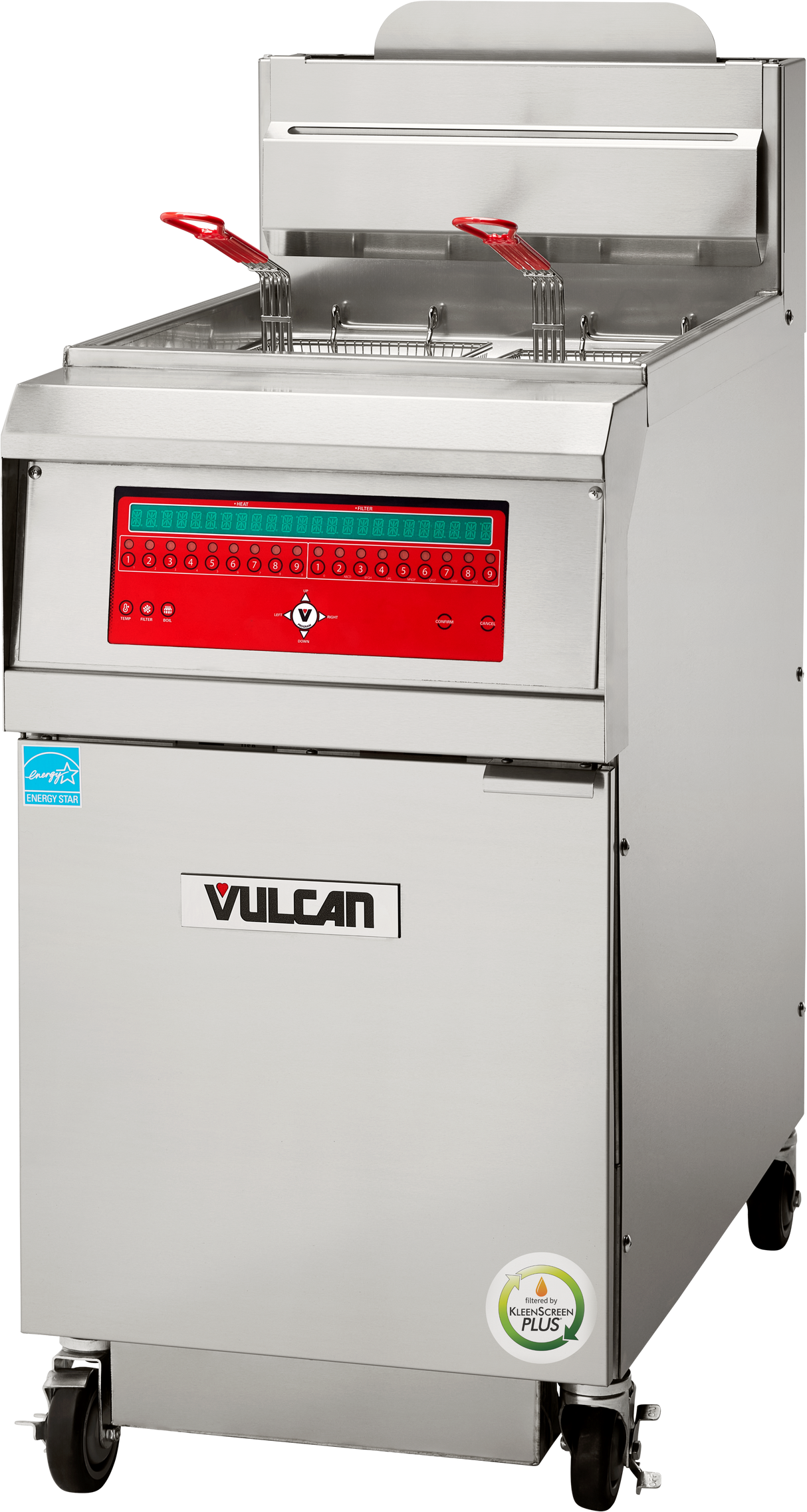 A high efficiency gas fryer, this Vulcan commercial fryer boasts a 75 lb capacity, two baskets with red handles, a digital control panel, and caster wheels for easy mobility.