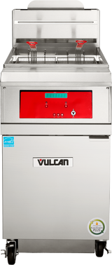A commercial stainless steel Vulcan QuickFry fryer on wheels with a red control panel, two fryer baskets with red handles, LED display, front door, ventilation slots, labeled stickers, and a high efficiency gas fryer system with 75 lbs. fryer capacity.