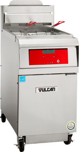 A high efficiency gas fryer, this commercial deep fryer by Vulcan features a stainless steel body, red control panel, digital display, two fryer baskets with red handles, wheels for mobility, and a 75 lbs. fryer capacity. Certification stickers included.