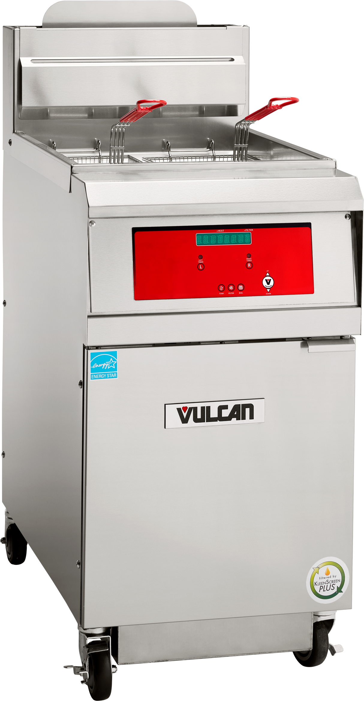 A 75 lbs. capacity Vulcan QuickFry Fryer, this high efficiency gas fryer features a red control panel, digital display, two fryer baskets with red handles, and four wheels for mobility. A certification sticker is visible in the lower right corner.