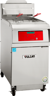 A 75 lbs. capacity Vulcan QuickFry Fryer, this high efficiency gas fryer features a red control panel, digital display, two fryer baskets with red handles, and four wheels for mobility. A certification sticker is visible in the lower right corner.