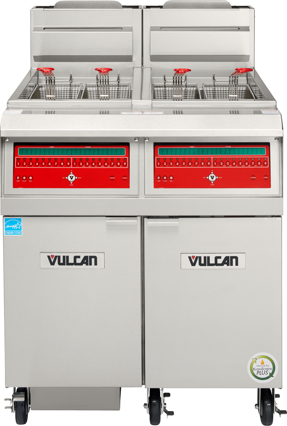 A Vulcan stainless steel high efficiency gas fryer with dual 50 lbs. capacity compartments, red control panels, four fryer baskets with red handles, caster wheels for mobility, certification stickers, and two cabinet doors below.
