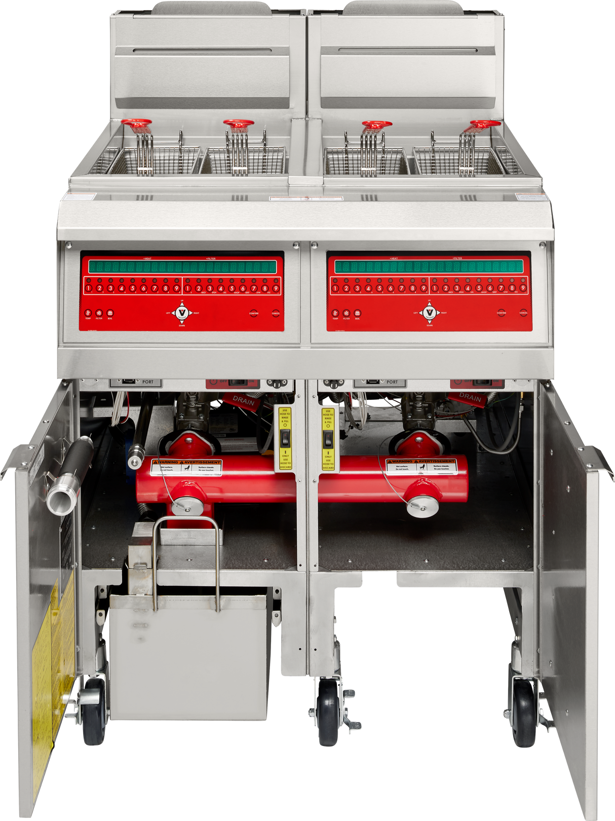 A high efficiency fryer with two frying compartments, each holding wire baskets with red handles. Below, two open doors reveal internal components. The gas fryer features red control panels with buttons and digital displays.