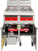 A high efficiency fryer with two frying compartments, each holding wire baskets with red handles. Below, two open doors reveal internal components. The gas fryer features red control panels with buttons and digital displays.