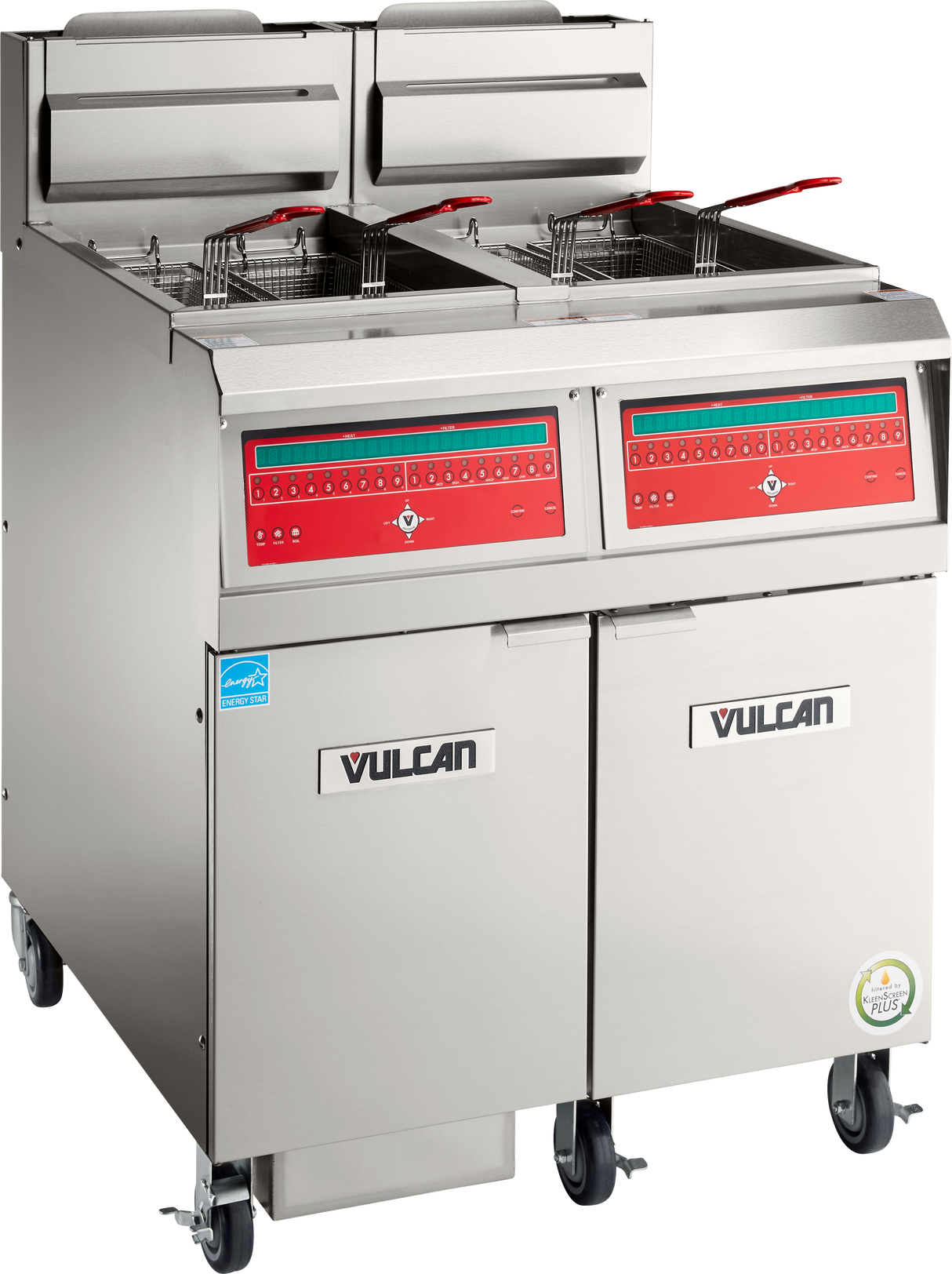 A high efficiency Vulcan gas fryer with 50 lbs. capacity, featuring dual baskets, digital controls, and a stainless steel exterior. It stands on wheels with two lower storage cabinets and certification badges on the bottom right.
