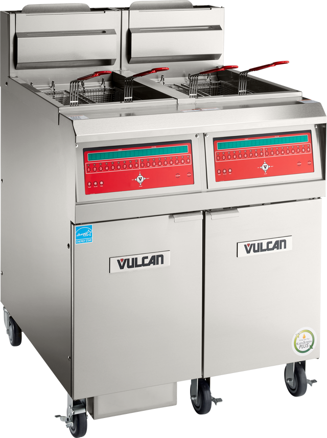 A high efficiency Vulcan gas fryer with 50 lbs. capacity, featuring dual baskets, digital controls, and a stainless steel exterior. It stands on wheels with two lower storage cabinets and certification badges on the bottom right.