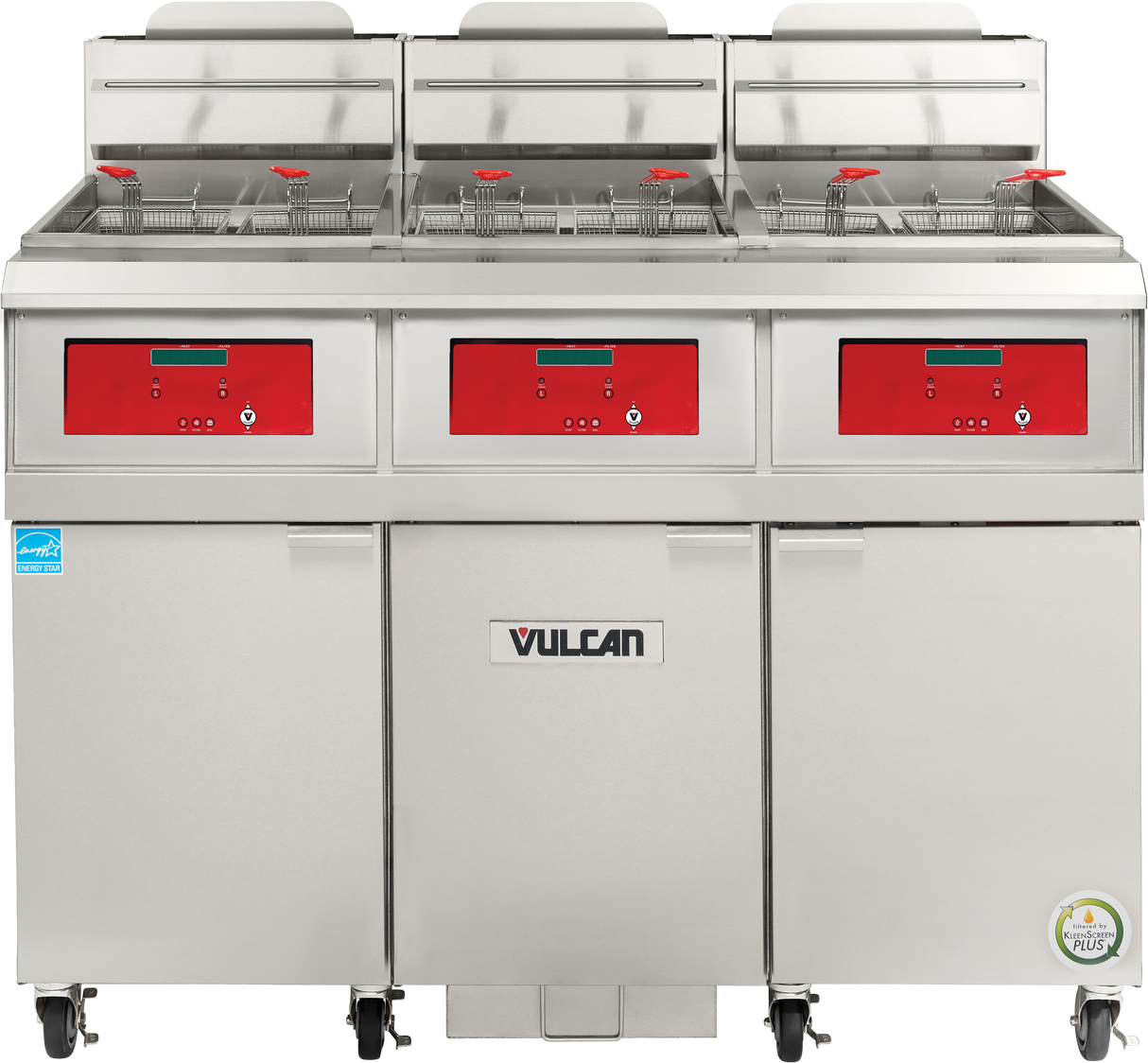 A commercial-grade, stainless steel Vulcan QuickFry Fryer with three red digital control panels, three fryer baskets with red handles, and three large oil vats. This high efficiency gas fryer is on wheels and features certification stickers on the front.