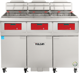 A commercial-grade, stainless steel Vulcan QuickFry Fryer with three red digital control panels, three fryer baskets with red handles, and three large oil vats. This high efficiency gas fryer is on wheels and features certification stickers on the front.