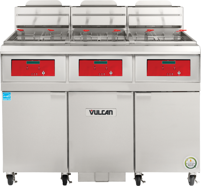 A commercial-grade, stainless steel Vulcan QuickFry Fryer with three red digital control panels, three fryer baskets with red handles, and three large oil vats. This high efficiency gas fryer is on wheels and features certification stickers on the front.