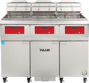 A high efficiency Vulcan commercial fryer with three frying sections, each featuring a digital control panel and basket handles. This stainless steel gas fryer has wheels, two certification stickers, and is built for professional kitchen use.