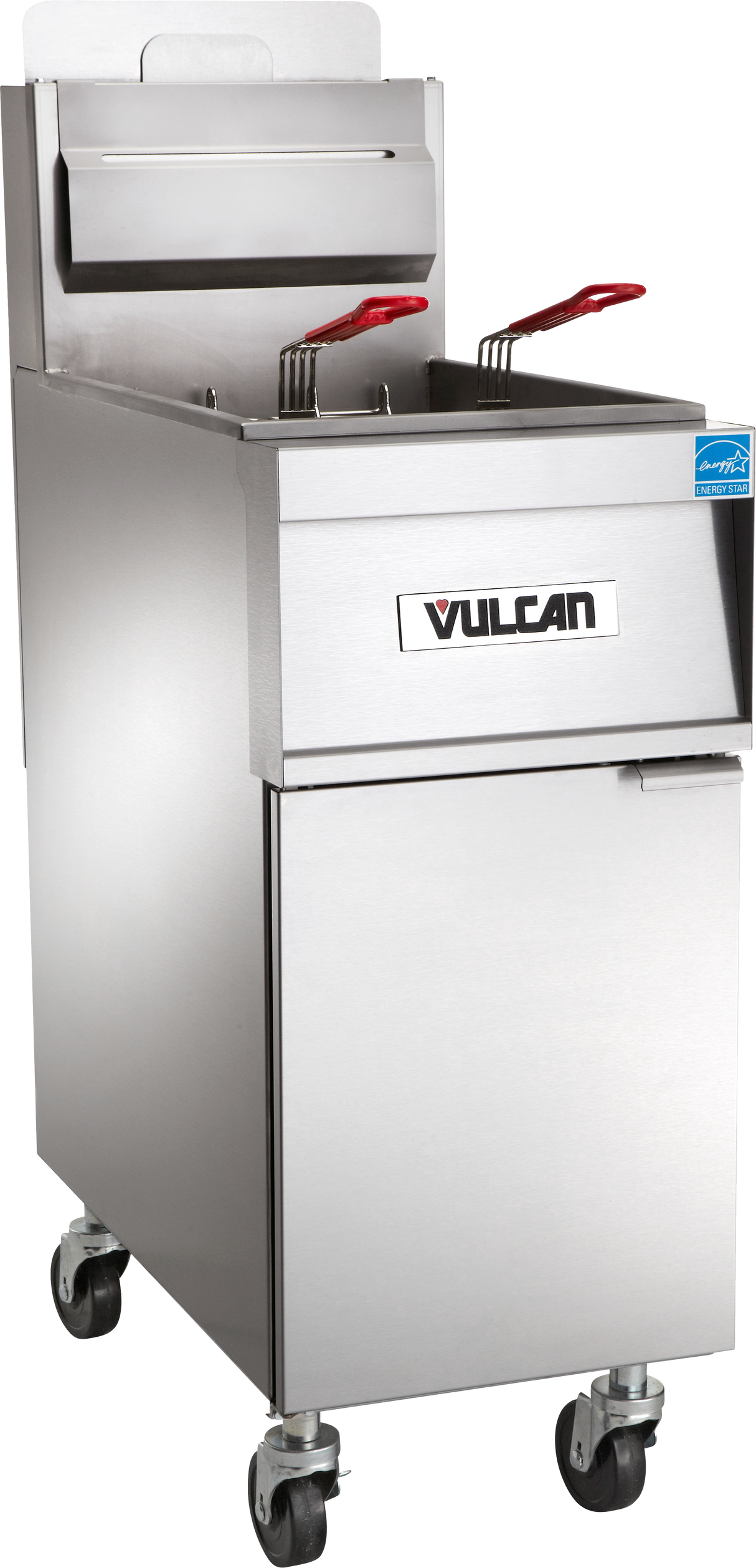 A Vulcan PowerFry3 commercial deep fryer with a stainless steel exterior, two red-handled baskets, lower storage compartment, and four caster wheels for mobility. This high efficiency gas fryer is clean with a blue certification label on the upper right corner.