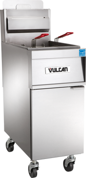 A commercial Vulcan gas fryer on wheels, featuring high efficiency and a 45-50 lbs. capacity. Two fryer baskets with red handles rest in the oil compartment, with a control panel above the lower storage cabinet and four caster wheels for mobility.