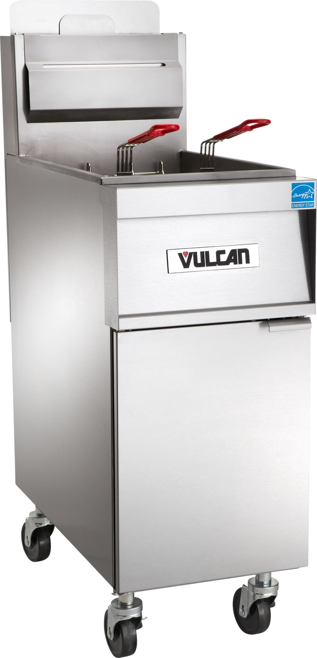 A commercial Vulcan gas fryer on wheels, featuring high efficiency and a 45-50 lbs. capacity. Two fryer baskets with red handles rest in the oil compartment, with a control panel above the lower storage cabinet and four caster wheels for mobility.