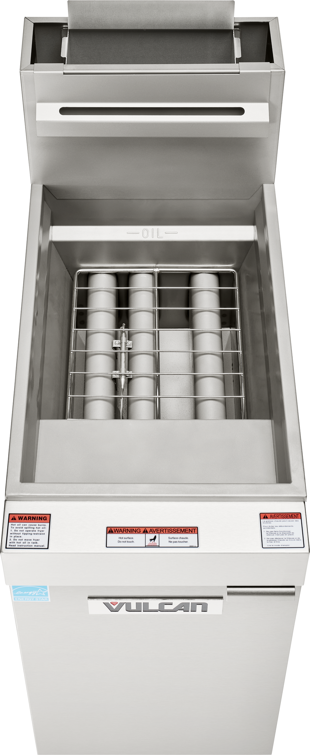 A top-down view of a Vulcan floor model fryer with 35-40 lbs oil capacity shows the open lid, fry baskets, and heating elements inside. Warning labels are on the front panel beneath the controls of this commercial natural gas fryer.