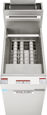 A top-down view of a Vulcan floor model fryer with 35-40 lbs oil capacity shows the open lid, fry baskets, and heating elements inside. Warning labels are on the front panel beneath the controls of this commercial natural gas fryer.