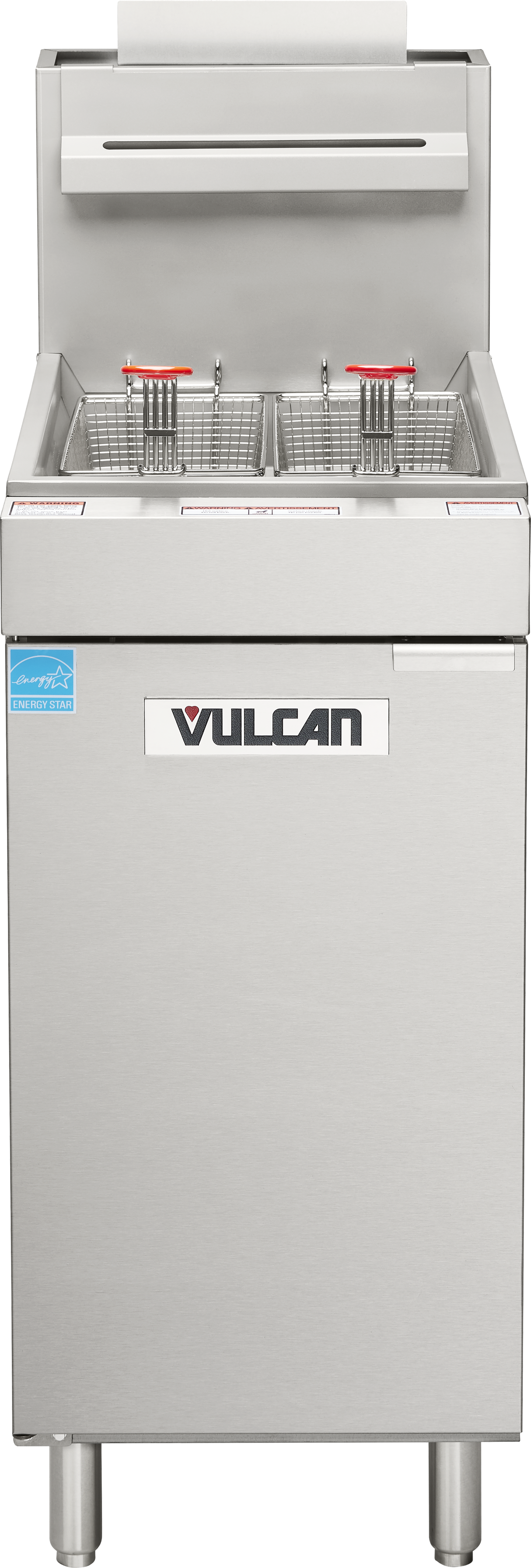 A Vulcan floor model fryer, crafted from stainless steel, features two baskets with red handles, a raised backsplash, and shelf above. This natural gas fryer stands on four legs, displaying the Vulcan logo prominently on its rectangular front.