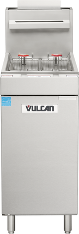 A Vulcan floor model fryer, crafted from stainless steel, features two baskets with red handles, a raised backsplash, and shelf above. This natural gas fryer stands on four legs, displaying the Vulcan logo prominently on its rectangular front.