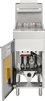 Commercial Vulcan fryer with an open door revealing internal components, three burners, control knobs, and two fryer baskets on top with red handles. This floor model fryer features a stainless steel exterior and instructions inside the door.