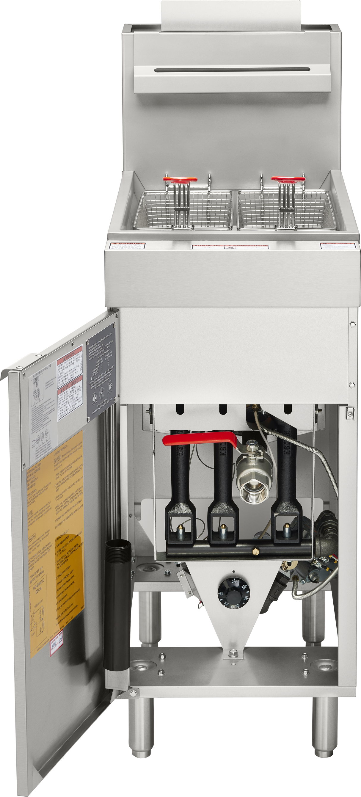 A floor model fryer with a stainless steel body, two frying baskets with red handles, and an open front panel displaying internal gas burners and controls. This natural gas fryer features a 35-40 lbs oil capacity and visible safety instructions on the open door.