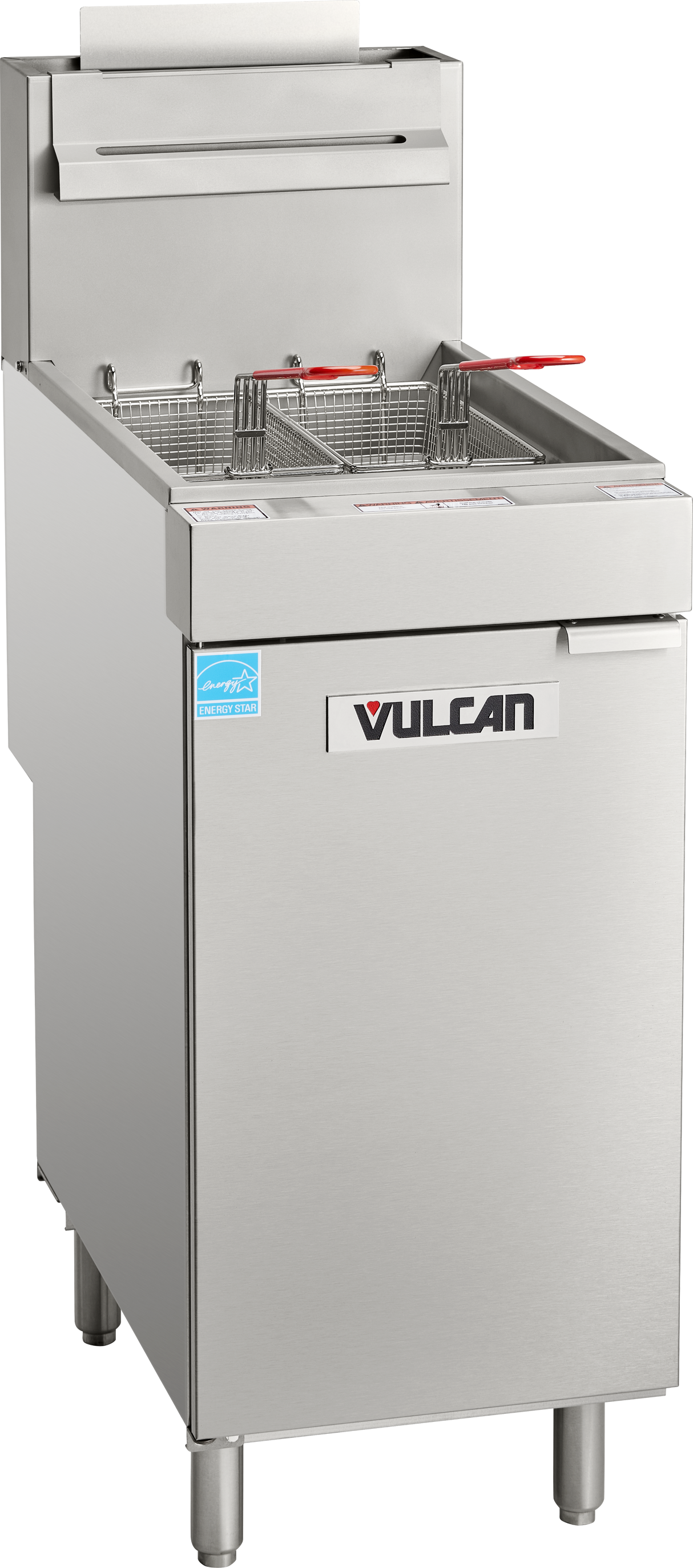 A Vulcan floor model fryer with two wire baskets and red handles sits atop a storage compartment. This commercial stainless steel natural gas fryer stands on four metal legs and features a paper towel holder on top.