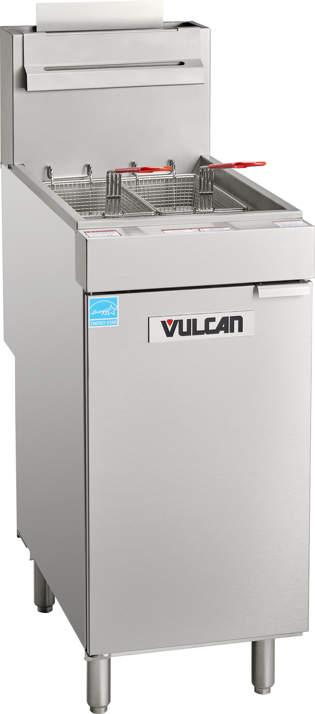 A Vulcan floor model fryer with two wire baskets and red handles sits atop a storage compartment. This commercial stainless steel natural gas fryer stands on four metal legs and features a paper towel holder on top.