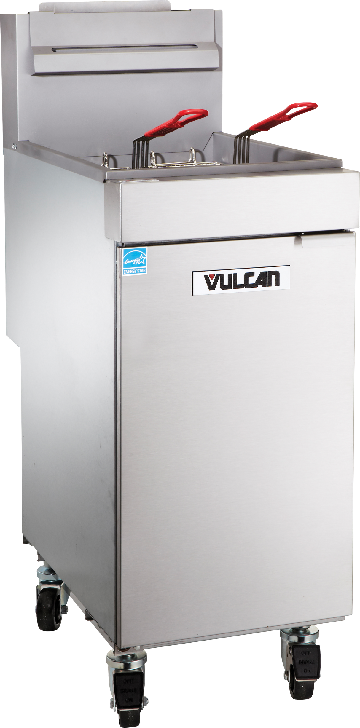 A Vulcan fryer floor model, this commercial stainless steel deep fryer features two metal baskets with red handles above the oil compartment. The natural gas fryer stands on four wheels and proudly displays the Vulcan brand name on its front.