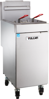 A Vulcan fryer floor model, this commercial stainless steel deep fryer features two metal baskets with red handles above the oil compartment. The natural gas fryer stands on four wheels and proudly displays the Vulcan brand name on its front.