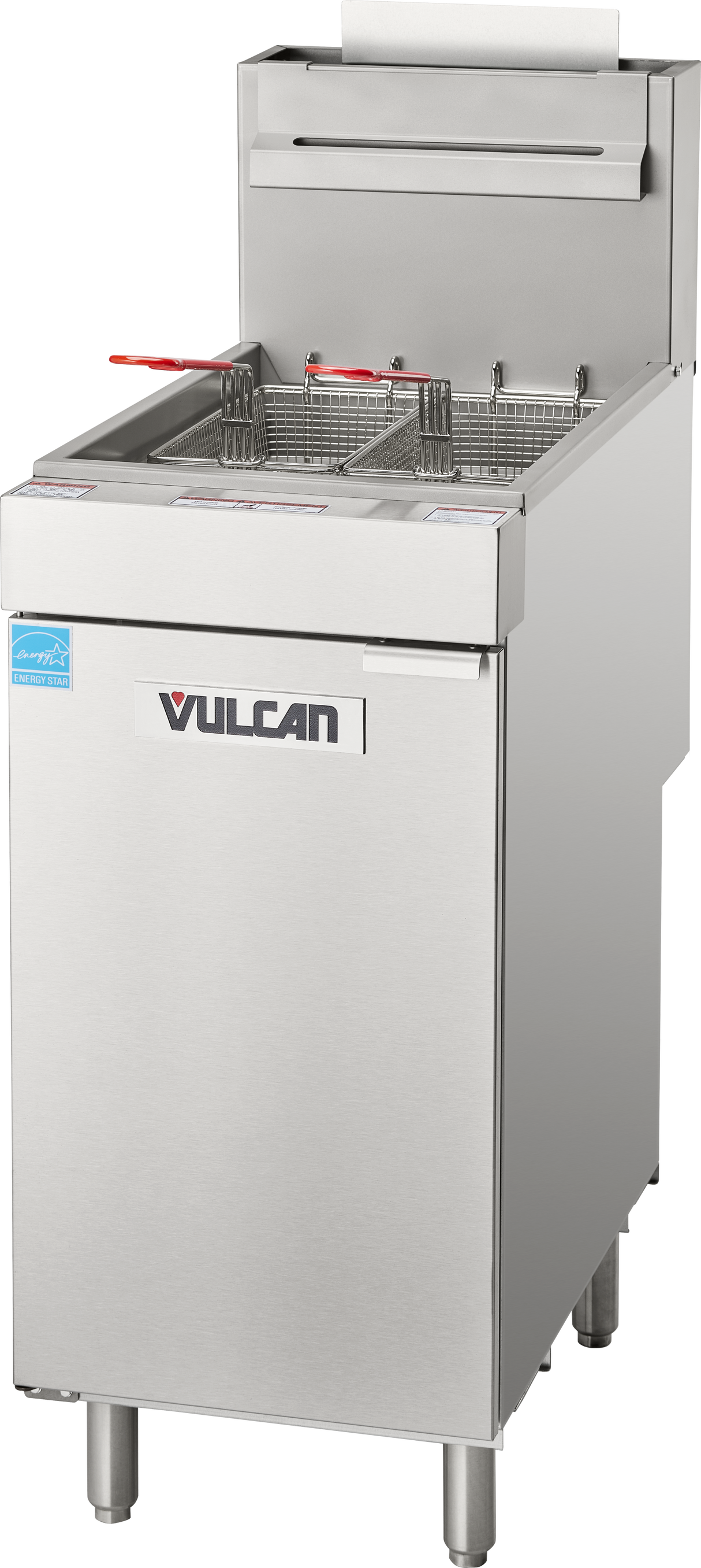 A Vulcan floor model fryer made of stainless steel, featuring two wire baskets with red handles, stands on four legs with a rear backsplash and control panel—ideal as a durable natural gas fryer for commercial kitchens.