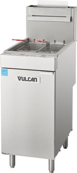A Vulcan floor model fryer made of stainless steel, featuring two wire baskets with red handles, stands on four legs with a rear backsplash and control panel—ideal as a durable natural gas fryer for commercial kitchens.