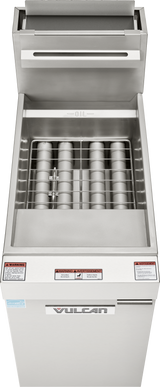 A stainless steel Vulcan fryer floor model with an open lid, revealing a metal rack and multiple cylindrical heating elements inside. The natural gas fryer has warning labels on the front panel and proudly displays the Vulcan brand name.