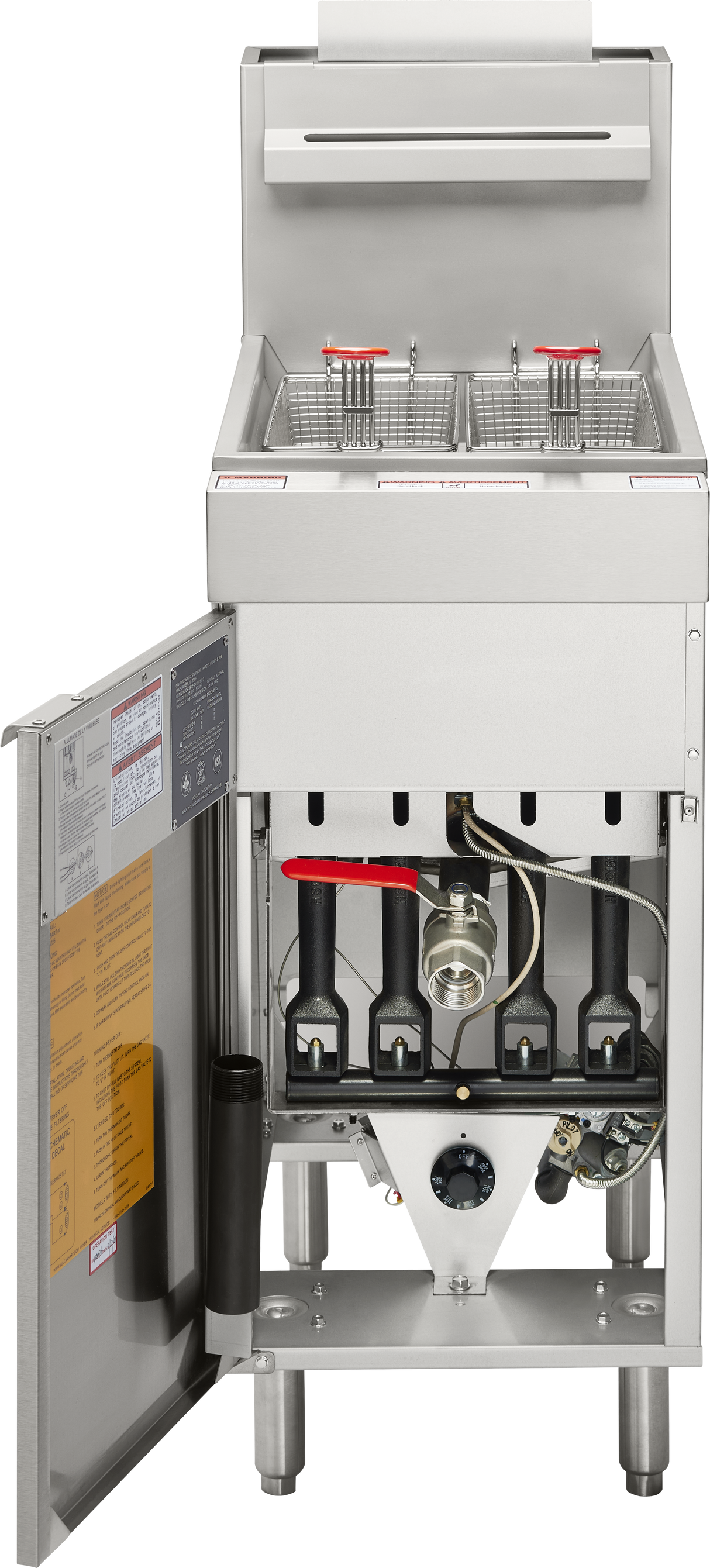A stainless steel floor model fryer with 50 lbs. oil capacity, two wire baskets, front panel open to reveal internal gas burners, pipes, control knob, and visible safety instructions on the door; fryer stands on four sturdy metal legs.