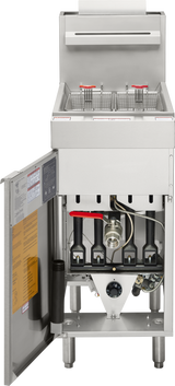 A stainless steel floor model fryer with 50 lbs. oil capacity, two wire baskets, front panel open to reveal internal gas burners, pipes, control knob, and visible safety instructions on the door; fryer stands on four sturdy metal legs.