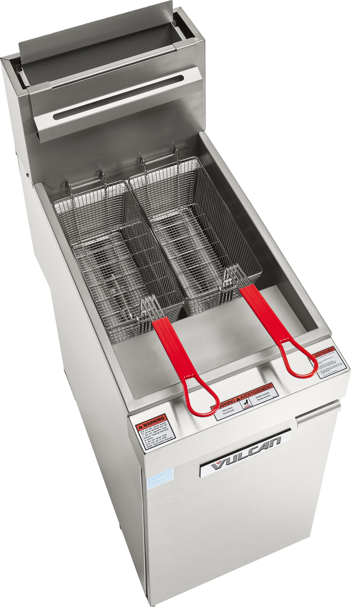 A Vulcan fryer floor model, this commercial stainless steel natural gas fryer features two baskets with red heat-resistant handles, warning labels, a control panel, and the iconic brand logo, with both baskets positioned inside the oil well.